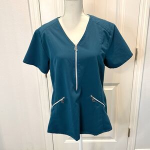 Runway Scrubs Teal Green Turquoise Size L Short Sleeve Zipper Pockets & Front